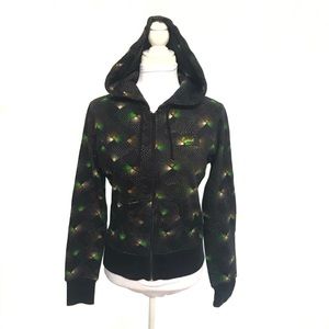 Ezekiel black green tan print zipper zip up hoodie sweater sweatshirt top